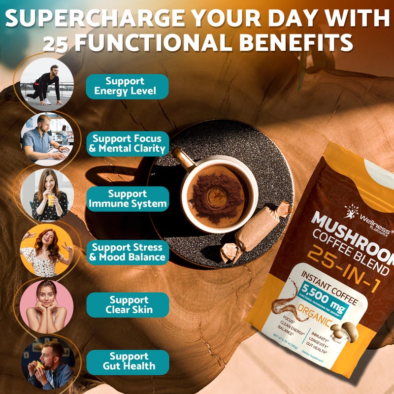 WELLNESS LABSRX Mushroom Coffee Organic Instant Coffee, 25-in-1, Third-Party Tested Keto Friendly Lions Mane Supplement with Functional Mushrooms - Shiitake, Reishi, Lion’s Mane & More | Smooth, Rich Flavor - 90 Servings - Image 3